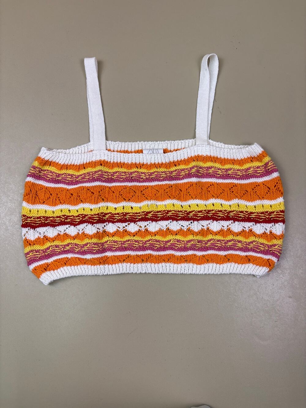 Zara Girls Crochet Knit Crop Top Size 13-14 Orange Yellow Pink Striped NWT